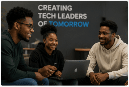 Technology learners collaborating around a laptop